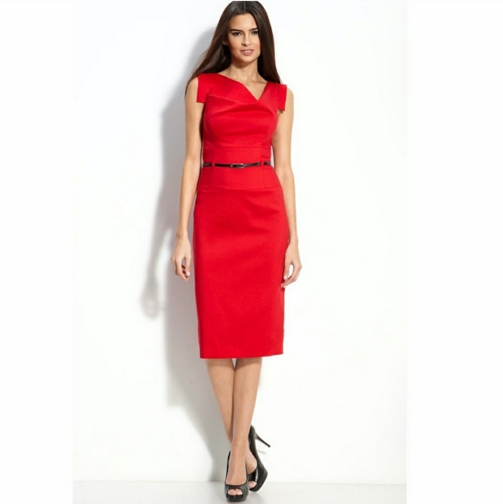 Black Halo Jackie O Belted Cocktail Sheath Dress Cherry Red Size 4 - Picture 4 of 16